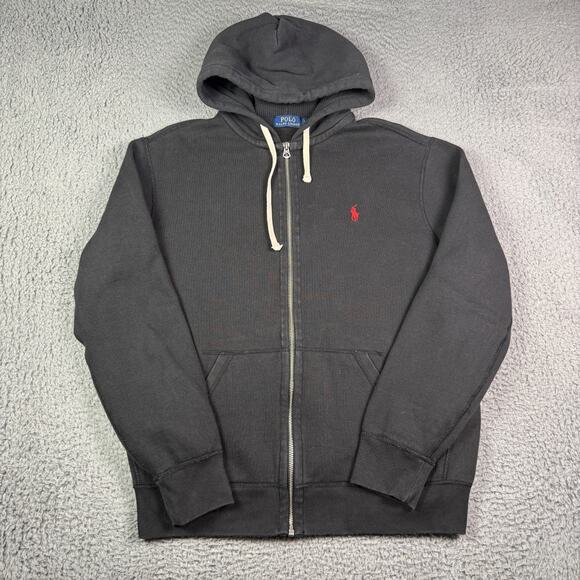 Polo Ralph Lauren Hoodie Mens L Black Full Zip Waffle Thermal Lined Double Knit - Picture 2 of 7